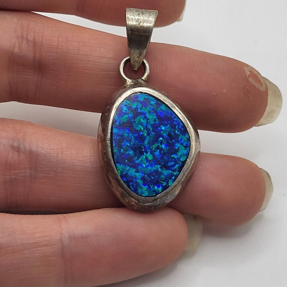 Large Bohemian Simulated Opal Sterling Silver Pendant 1.5in mexico - Picture 4 of 4